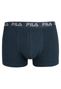 Boxer shorts in cotone elasticizzato blu scuro con vita grigia con logo FILA. Caratterizzati da un design aderente e cuciture piatte per il massimo comfort.