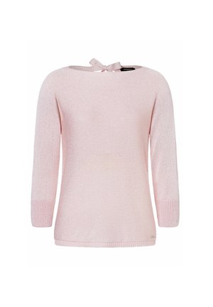 Lichtroze gebreide trui met een ronde halslijn en driekwart mouwen. Heeft een strikdetail aan de achterkant en geribde manchetten.