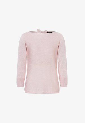 Lichtroze gebreide trui met een ronde halslijn en driekwart mouwen. Heeft een strikdetail aan de achterkant en geribde manchetten.
