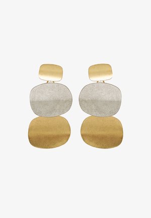 Złote i srebrne kolczyki metalowe z warstwowym designem. Obejmują geometryczne kształty: dwa górne kwadraty i dwa dolne owalne. Gładka, wypolerowana tekstura.