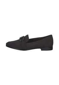 Mocassini neri in suede con suola piatta, design elegante e dettagli decorativi sulla tomaia. La scarpa ha una punta arrotondata e cuciture sottili.