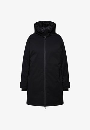 Zwart waterdicht jack met een capuchon, een voorrits, zijzakken en verstelbare manchet. Gladde textuur en mid-lange ontwerp.