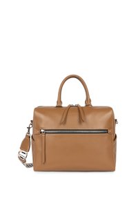 Borsa a mano in pelle color tan con tasca frontale con zip, doppi manici arrotondati e una tracolla regolabile con dettagli a righe.