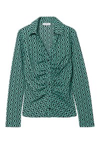 Blouse à manches longues bleu sarcelle avec motif géométrique ondulé noir, fronces au centre, boutonnage devant et col à revers.