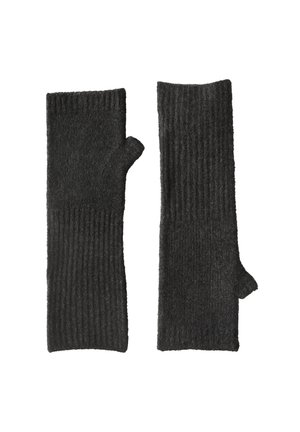 Paire de longs gants sans doigts en tricot gris foncé avec des ouvertures pour le pouce, conçus pour couvrir les poignets et le bas des avant-bras.
