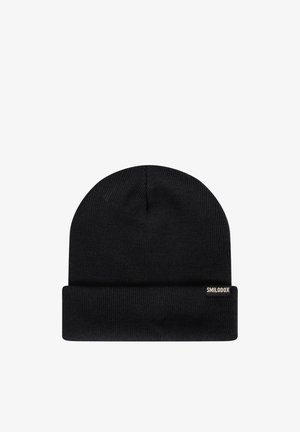 Czarna dzianinowa czapka beanie wykonana z miękkiego materiału, z podwiniętym mankietem i małą wtopioną metką z napisem "SMILODOX" z boku.