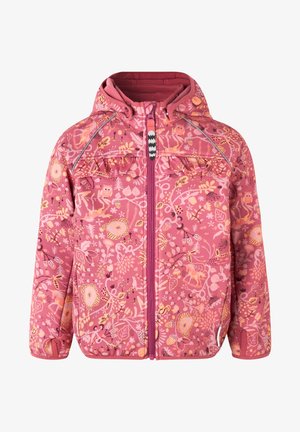 Veste rose à motif avec une fermeture éclair, une capuche et des motifs floraux et animaux détaillés. Comprend des poignets élastiques et une doublure intérieure douce.