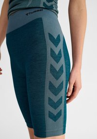 Tealfärgade atletiska shorts med ett ribbat midjeband; har ett sidomönster av mörktealfärgade chevroner. Tillverkad av ett texturerat, elastiskt material.