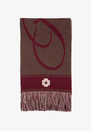 Ruskea kudottu viltti, jossa on suuri marooni kuvio ja Sveitsin risti -kuvio alareunassa. Viimeistelty pitkillä, hapsureunoilla.