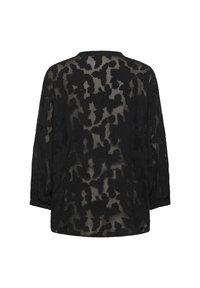 Juoda permatoma bluzelė su tekstūruotu gėlių raštu, trijų ketvirčių rankovėmis ir apvaliu iškirpimu. Lengvas audinys su minkštu paviršiumi.