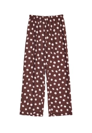 Pantalon de pyjama marron en tissu doux, avec une coupe décontractée et une taille élastique. Motif à pois blancs irréguliers.