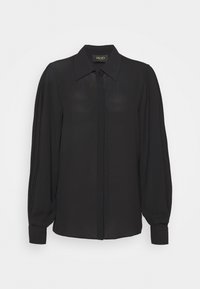 Blusa negra hecha de un tejido ligero, con un cuello estructurado, mangas largas y detalles de botones, con una textura suave y ligeramente transparente.