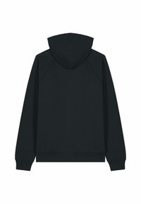 Haut à capuche noir à manches longues avec une grande capuche attachée, des poignets et une taille côtelés, montré de dos sur un fond blanc.