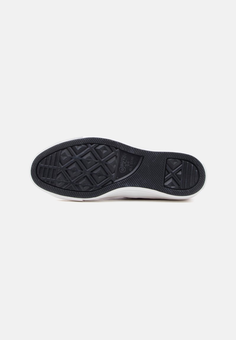 Schwarze Gummisohle eines weißen Sneakers, die Profilmuster und den Markennamen mit einem Stern in der Mitte zeigt, vor einem einfarbigen weißen Hintergrund.