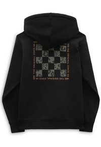 Felpa nera con cappuccio, caratterizzata da un design grafico quadrato sul retro con motivi camouflage e leopardo, contornato da testo in oro e nero.