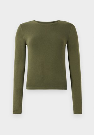 Top cu mânecă lungă de culoare verde măsliniu, confecționat din bumbac moale. Prezintă un decolteu rotund și un design ajustat cu o textură netedă.