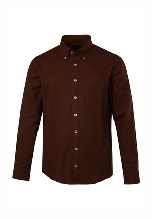 Koffiekleurig overhemd met lange mouwen en een button-down kraag, gemaakt van een gestructureerde stof, met knopen aan de voorkant en een enkele borstzak.