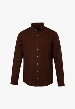 Camicia marrone a maniche lunghe con colletto a bottoni, caratterizzata da un tessuto testurizzato, bottoni frontali e una tasca sul petto.