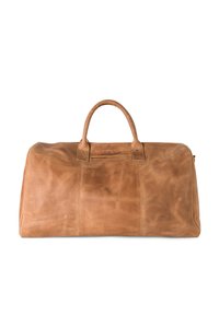 Brown leather duffel bag with smooth texture, two rounded handles, top zipper closure, and subtle stitching details. Rectangular shape.