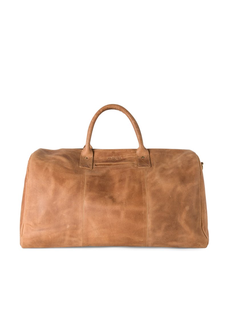 Brown leather duffel bag with smooth texture, two rounded handles, top zipper closure, and subtle stitching details. Rectangular shape.