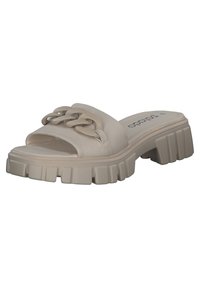 Infradito beige con una ampia fascia decorata da una catena, suola imbottita e suola spessa e texture per una maggiore aderenza.