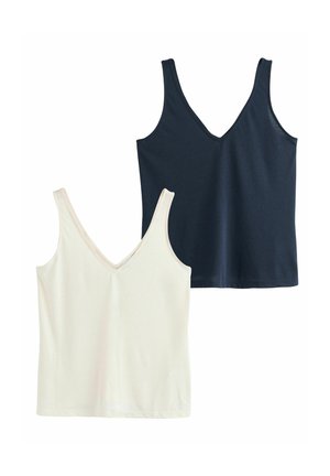 To ærmeløse V-udskårne toppe, en off-white og en navy blå, lagt fladt på en hvid baggrund.