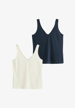 Two sleeveless V-neck tank tops, one off-white and one navy blue, laid flat on a white background.