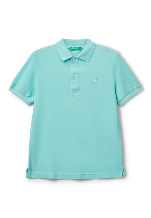 Polo shirt turchese in cotone, con colletto, patta con tre bottoni, maniche corte e logo ricamato sul petto.