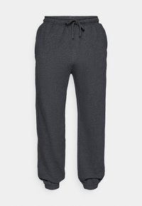 Mørkegrå joggebukser med elastisk midjebånd, snøring, sidelommer og elastiske mansjetter, vist mot en hvit bakgrunn.