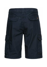Marinefarbene Cargo-Shorts aus strukturiertem Stoff, mit Gesäßtaschen und seitlichen Cargotaschen, sowie orangen Akzenten an den Seiten.