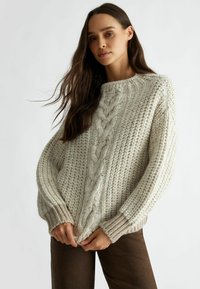 Maglione lavorato a maglia chunky in un colore beige chiaro, con un design a treccia testurizzata sul davanti e bordi a coste. Vestibilità comoda e oversize.