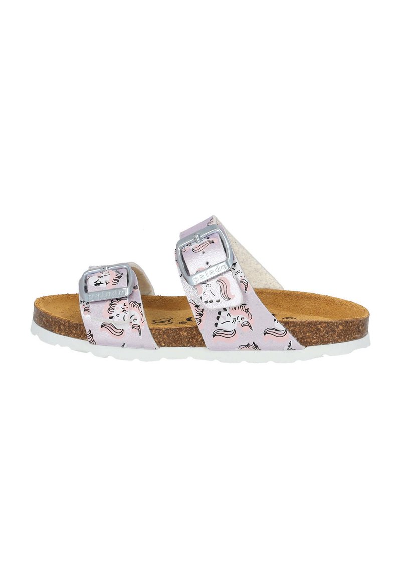 Roze sandalen met een eenhoornprint, dubbele verstelbare banden met zilveren gespen, kurken voetbed en witte rubberen zool.