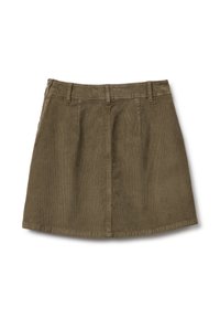 Olivově zelená manšestrová sukně s rozšířeným tvarem, předními dvojitými záhyby, zapínáním na zip a poutky na opasek v pase. Hladká textura.