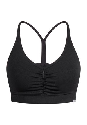 Schwarzer Sport-BH aus weichem Stoff, mit verstellbaren dünnen Trägern und einem gerafften Detail in der Mitte. Er verfügt über einen breiten elastischen Bund an der Unterseite.