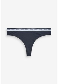 String noir foncé en tissu doux. Présente une ceinture élastique blanche avec le texte "next" répété. Design à couverture minimale.