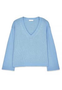 Hellblauer Strickpullover mit V-Ausschnitt, langen Ärmeln und gerippten Bündchen. Der Stoff ist glatt mit einer leicht strukturierten Oberfläche.