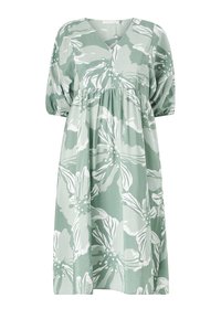 Groene bloemenjurk met een V-hals en pofmouwen. Gemaakt van lichtgewicht stof, met witte botanische prints en een vloeiende silhouet.