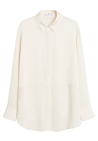 Blusa lunga beige chiaro con maniche lunghe, collo classico, chiusura con bottoni e orlo arrotondato, realizzata in un tessuto morbido e fluido.