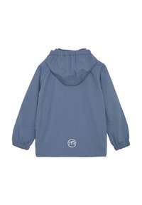 Blauwe windbreakerjas met een capuchon, elastische manchetten en een geborduurd logo op de rug. Gemaakt van een gladde, lichte stof.