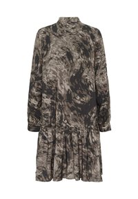 Rochie cu mânecă lungă, cu un model abstract de spirale maronii și negre, cu mansete cu nasturi, talie căzută și fustă plisată, prezentată din spate.