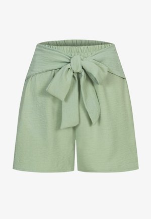 Heledad rohelised lühikesed püksid, mis on valmistatud tekstuuritud kangast, laia vöökoha ja esise sidumise detailiga. Lühike pikkus otsekärpega.