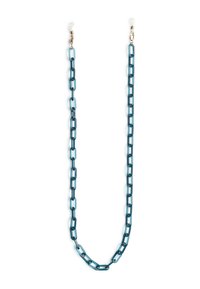 Turkoosi akryyliketju soikeilla lenkeillä, suunniteltu silmälaseille. Varustettu kirkkailla muovilenkeillä kummassakin päässä kiinnittämistä varten. Sujuva rakenne, kevyt.