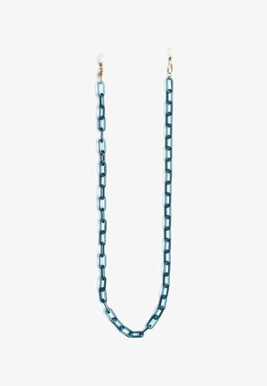Teal acrylische ketting met ovale schakels, ontworpen voor brillen. Bevat duidelijke plastic lussen aan elk uiteinde voor bevestiging. Soepele textuur, lichtgewicht.