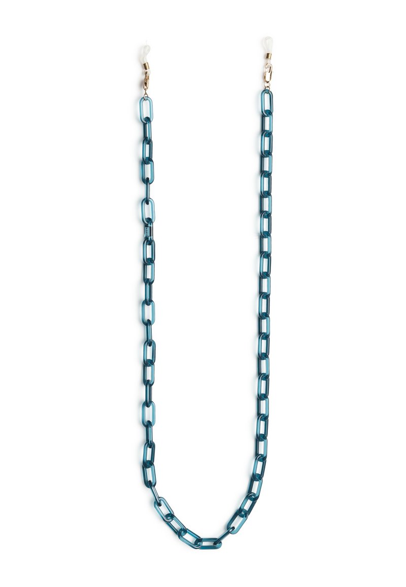 Turkoosi akryyliketju soikeilla lenkeillä, suunniteltu silmälaseille. Varustettu kirkkailla muovilenkeillä kummassakin päässä kiinnittämistä varten. Sujuva rakenne, kevyt.