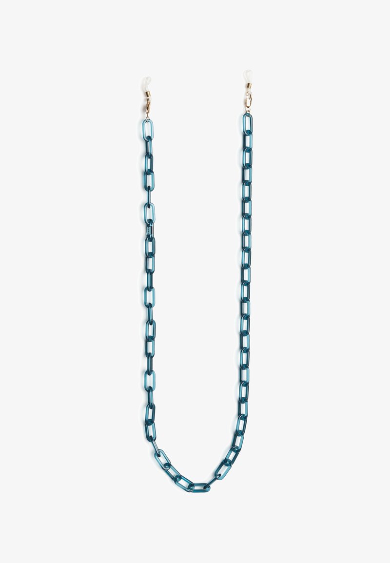 Teal akrylový reťazec s oválnymi článkami, navrhnutý pre okuliare. Obsahuje priehľadné plastové slučky na každom konci na pripojenie. Hladký povrch, ľahký.