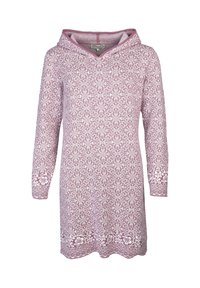 Strickkleid mit Kapuze, versehen mit einem pinkfarbenen Blumendesign auf einem helleren rosa Hintergrund, langen Ärmeln und einem gewellten Saum.