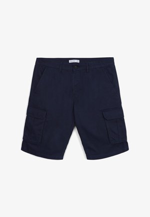Pantaloni cargo blu navy in cotone, con tasche laterali, tasche cargo doppie sulle cosce e chiusura con bottone in vita.