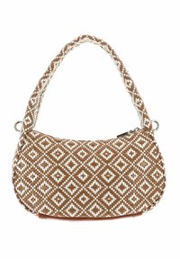 Borsa a tracolla intrecciata marrone con motivo a diamante bianco, forma arrotondata, tracolla spessa e chiusura con zip. Materiale durevole e strutturato.