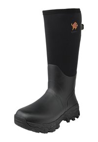 Black rubber waterproof boot with a matte finish, textured outsole, and an orange logo on the side. Mid-calf height with a smooth upper.