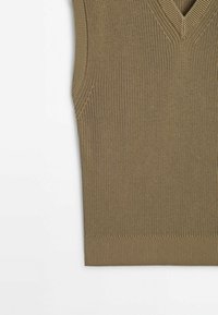 Sleeveless beige knitted vest with V-neck and ribbed hem, displayed flat on a white background.